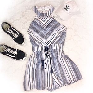 Blue and White Striped Romper with Tassles